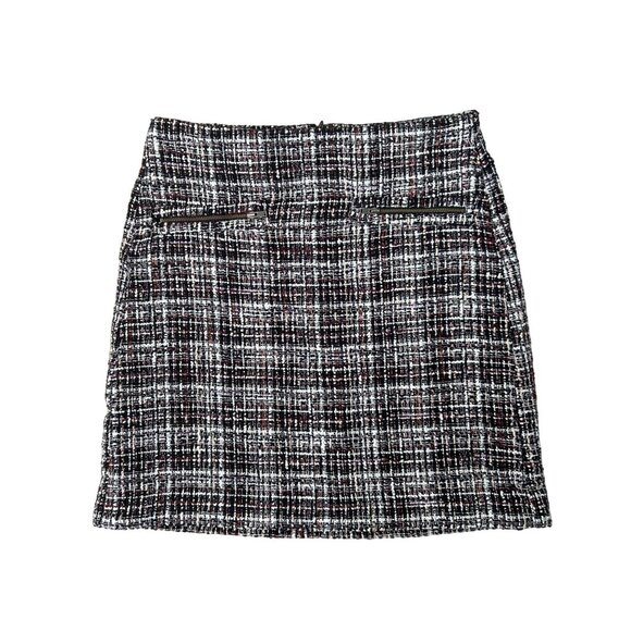 LOFT Women's Plaid Tweed Mini‎ Skirt Size 0 Black White Red Zip Accent Academia - Picture 1 of 7